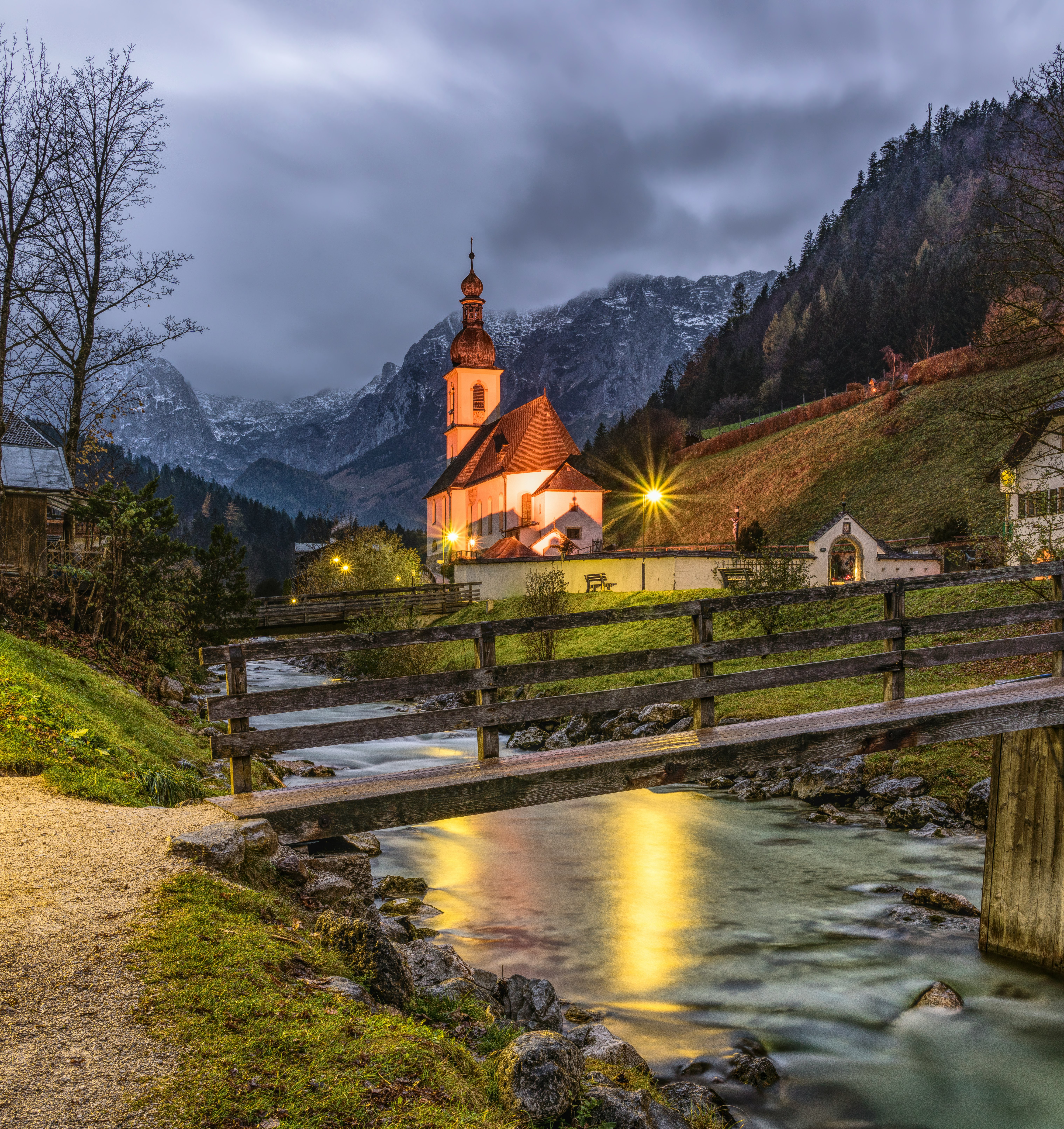 house near bridge with mountain at the distant illustration